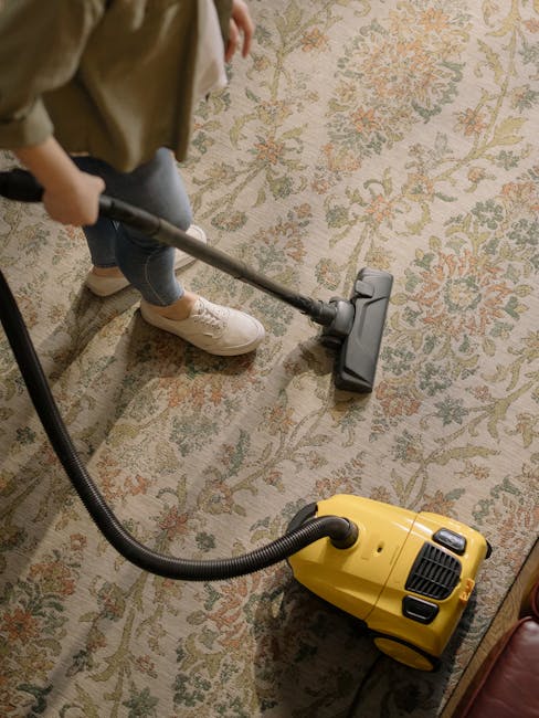A person is using a yellow portable vacuum cleaner with a black hose to clean a patterned area rug in a residential room. The rug features a floral motif in muted tones of beige, green, and orange, situated on a wooden floor. The individual is dressed in casual clothing, including jeans and white sneakers, and is holding the vacuum wand with both hands, focusing on surface cleaning the rug. Bright, natural lighting illuminates the space, highlighting the cleanliness of the rug and surrounding surfaces. Carpet Cleaning Kingston is providing deep cleaning services to ensure hygiene and freshness in the living area.