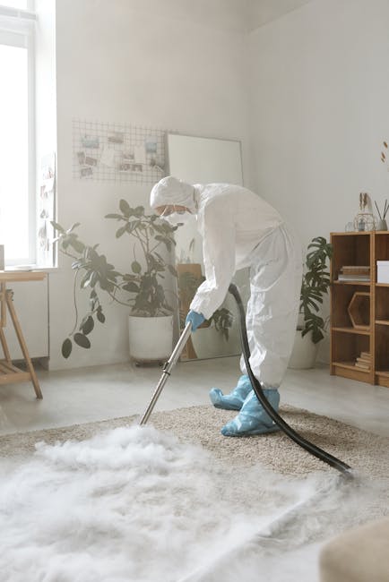A professional cleaner dressed in full white protective suit, including gloves, mask, and shoe covers, is performing deep carpet cleaning in a bright, modern living room. The cleaner is using a handheld vacuum or extraction machine on a plush, beige carpet, which appears to be wet and soiled before treatment. The room features white walls, a large window allowing natural light, and potted plants near the window for decor. There is a small wooden side table and a shelving unit with decorative items and storage boxes. The scene exemplifies comprehensive domestic cleaning, focusing on surface sanitation and renewal of the carpet surface, consistent with professional cleaning standards offered by Carpet Cleaning Kingston as seen on the webpage for same-day cleaning in Surbiton High Street residents KT6.